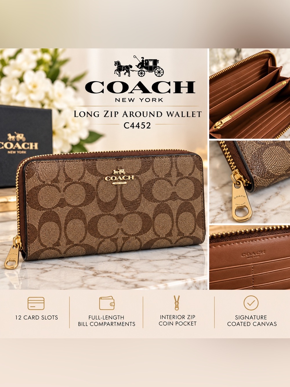 Coach C4452 Long Zip Around Wallet Signature Canvas